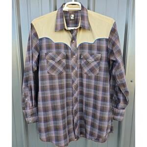 Vintage Karman Western Shirt Men's 17 34 Brown Plaid Pearl Snap Made USA 80s